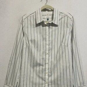 LOFT Top Womens Medium Gray Striped The Softened Shirt Long Sleeve Button Up